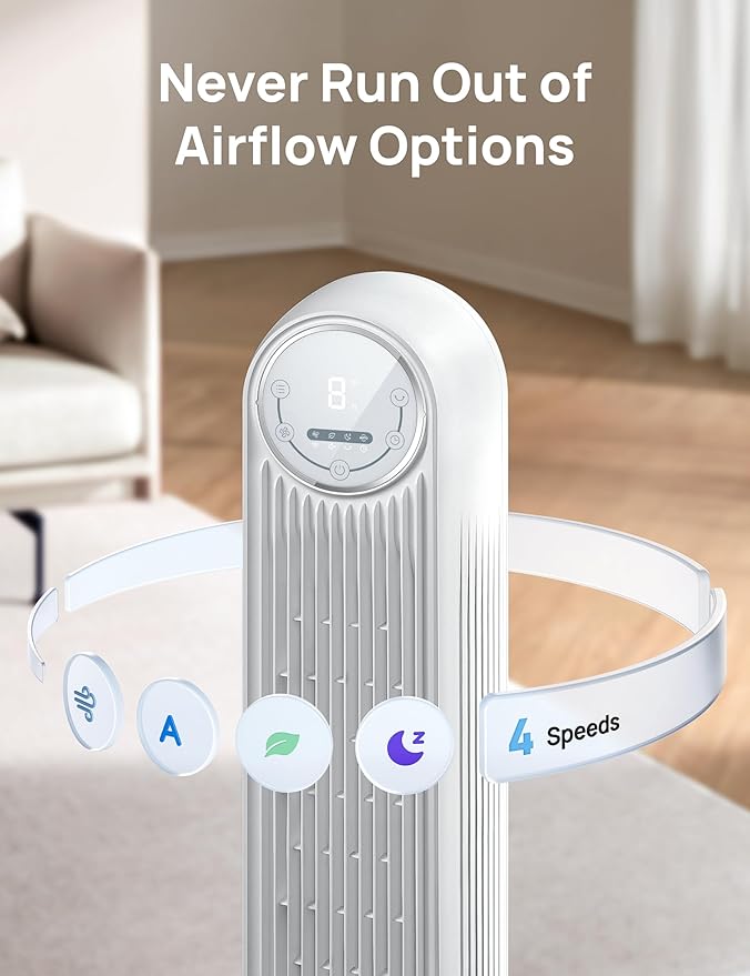 Dreo Tower Fan for Bedroom, 25ft/s Smart Standing Fans, 90° Oscillating Floor Fan with 4 Modes, 4 Speeds, 8H Timer, 28dB, Bladeless, Remote, 28 dB, Works with WiFi Voice Control