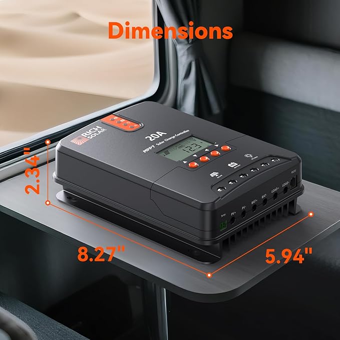 RICH SOLAR 20A MPPT Solar Charge Controller – High-Efficiency 12V/24V Auto Detection, 99% Tracking, Rugged Design for RVs, Boats & Off-Grid Systems