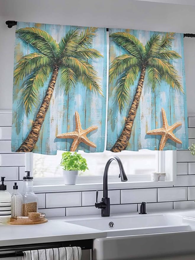Sheer Curtains 45 Inch Length, Coastal Beach Tree Semi Sheer Curtains Light - Image 5
