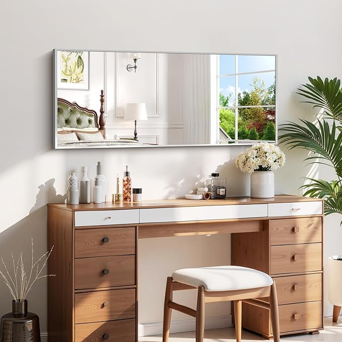 Silver Bathroom Mirror for Wall, 20x48 Inch Rectangle Mirror with Metal Frame, Modern Vanity Mirrors for Bathroom Living Room, Entryway Hangs Horizontal or Vertical