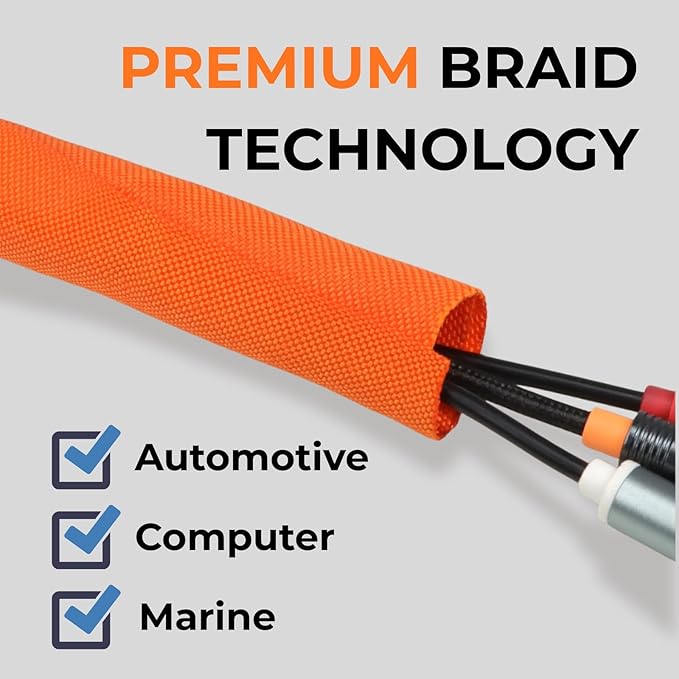 Holed 3/8 inch Split Braided Cable Management Sleeve for USB Cable Power Cord Audio Video Cable, High-Temperature Automotive Harness Wire Loom Cord Protector from Cat Dog Chewing (Orange, 10FT)