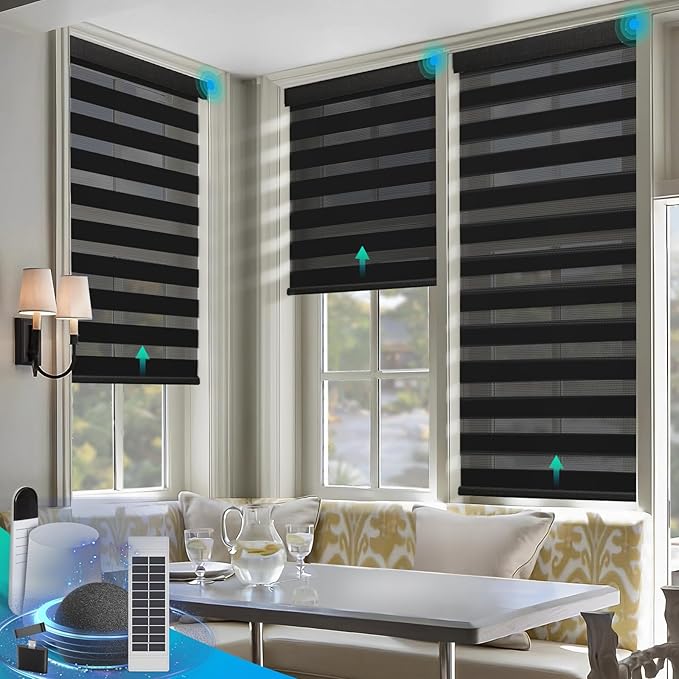 Motorized Zebra Blinds, Solar Powered Dual Layer Automatic Shades with Remote Control, Rechargeable Smart Blinds Horizontal Wireless Electric Shades for Windows, Custom Size, Black，48 x 72