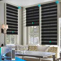 Motorized Zebra Blinds, Solar Powered Dual Layer Automatic Shades with Remote Control, Rechargeable Smart Blinds Horizontal Wireless Electric Shades for Windows, Custom Size, Black，34¼ x 72