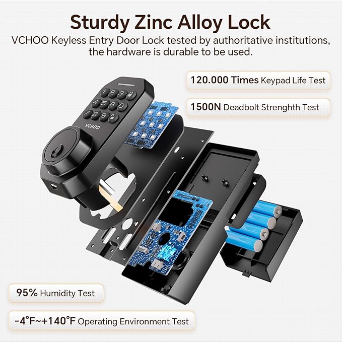 VCHOO Keyless Entry Door Lock Set Smart Locks for Front Door Keypad Door Lock with Handle Auto Lock One Time Password Anti Peeping Password IP54, Black