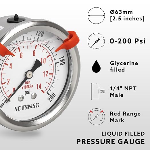 0 to 200 Psi Pressure Gauge, Glycerin Liquid Filled, 2.5 inch Dial, 1/4" NPT - Image 2