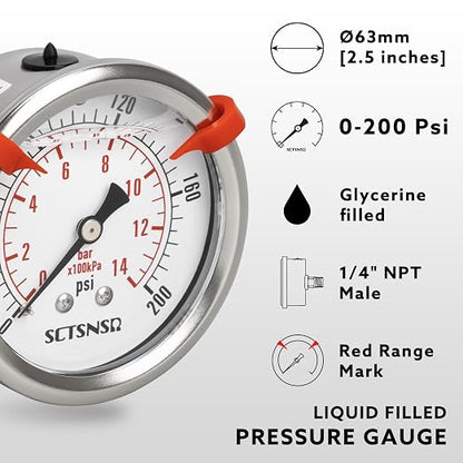0 to 200 Psi Pressure Gauge, Glycerin Liquid Filled, 2.5 inch Dial, 1/4" NPT - Image 2