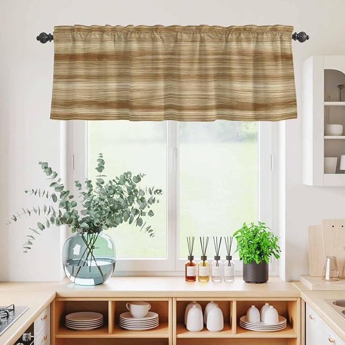 Kitchen Curtains Tiers and Valance Set of 3, Light Brown Wood Grain Light - Image 4