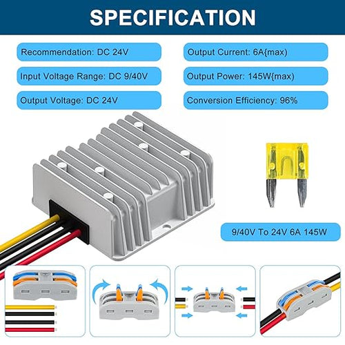 24V 145W DC-DC Converter Voltage Regulator, Step Down/Up 9V-40V to 24V 6A, Waterproof Module Power Supply for Golf Cart Accessories, Club Car
