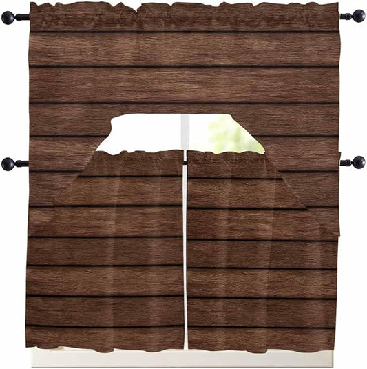 Brown Wooden Board Swag Kitchen Curtains Valance and Tier Set, Vintage Wood by Unknown