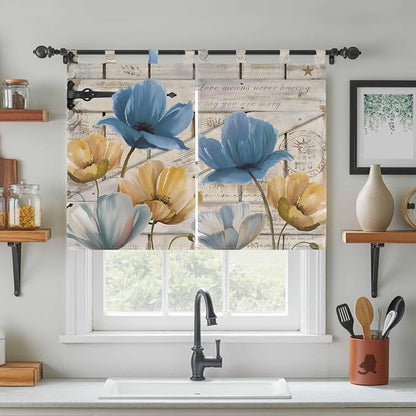 Blue Yellow Tulips Bedroom Curtains 63 Inch Length, Window Curtains Tab Top - Image 3