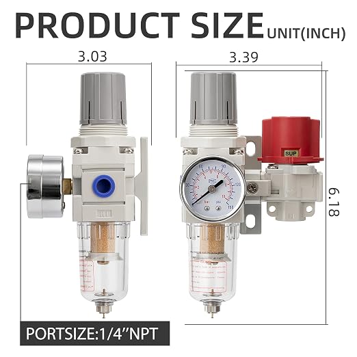 Pneumatic Air Compressor Filter Regulator Combo 1/4" NPT 0-150 PSI, Pressure - Image 3