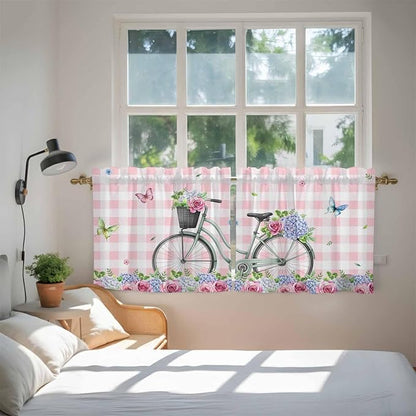 Spring Tier Curtains, Bicycles Leaves Butterfly Flowers Pink Buffalo Plaid - Image 4
