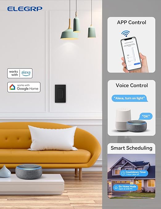 ELEGRP Single Pole Smart Dimmer Light Switch DPR10, 2.4GHz Wi-Fi Dimmer Switch Compatible with Alexa and Google Assistant, Needs Neutral Wire, No Hub Required, UL and FCC Listed, Black, 10 Pack