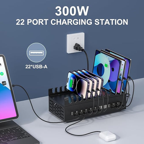 300W USB Charging Station, ALI SEA 22 Port USB Fast Charging Station for Multiple Devices, Multi Charger Station Organizer Compatible with Cellphone, Tablet, Kindle, iPad and More