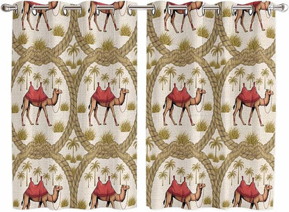 2 Panel Kitchen Cafe Curtains, Camels Palm Trees Sunlight Filtering Nature Air by Hokiten