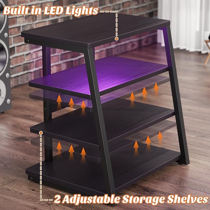 Besiost AV Media Stand with Outlets, Media Console with LED Lights, Stereo Racks and Stands with Storage Shelves, Media Audio Tower Cabinet, Black Enoby