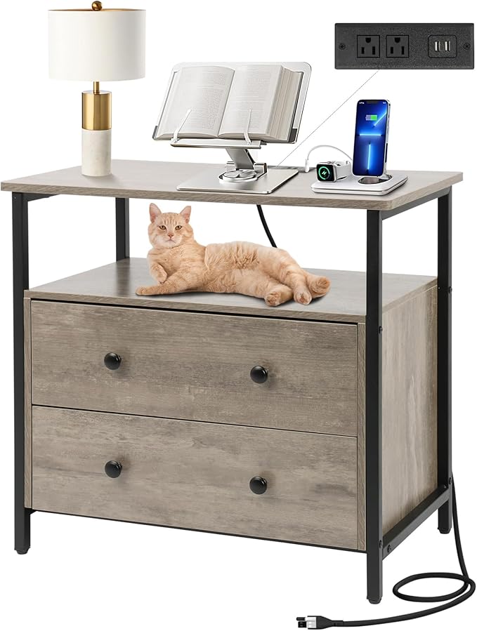 Edbuosy 27 inch Wide Night Stand with Charging Station, Bedside Table with Open Shelf, 2 Drawers Small Wood Dresser, Modern Wood Nightstand for Bedroom/Living Room (Rustic Gray)