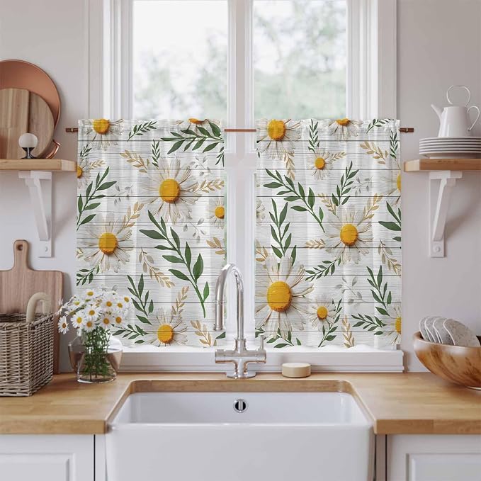 Spring Daisy Kitchen Curtains, Farmhouse Country Flower Leaf Plant Wood Grain by Unknown