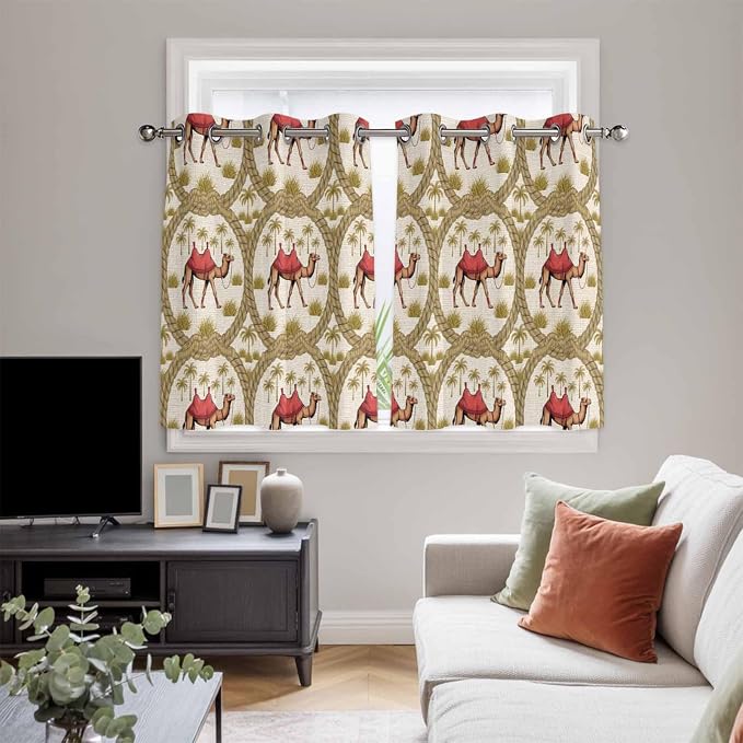 2 Panel Kitchen Cafe Curtains, Camels Palm Trees Sunlight Filtering Nature Air - Image 5