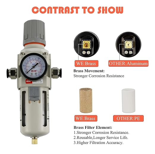 RIH Pneumatics 1/2"NPT Air Filter Pressure Regulator Combo Piggyback, 5 Micron - Image 4