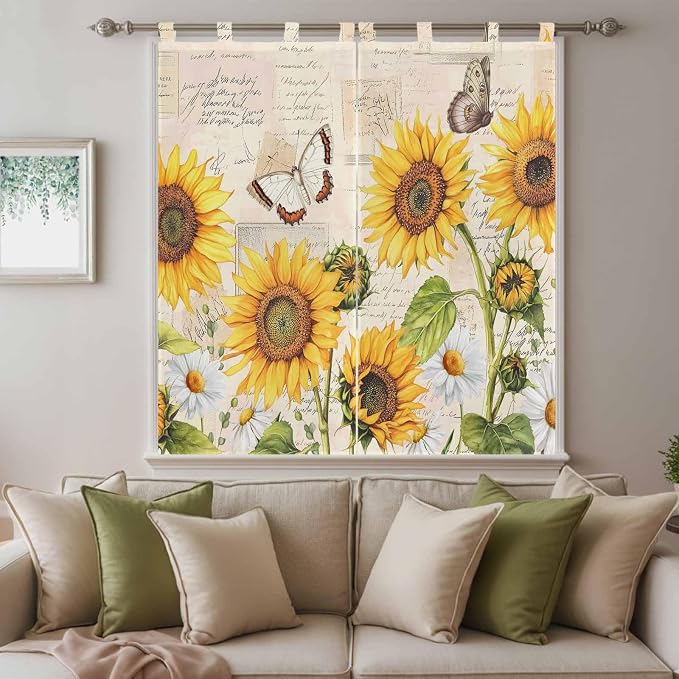 Yellow Sunflowers Bathroom Curtains 63 Inch Length, Window Curtains Tab Top - Image 9