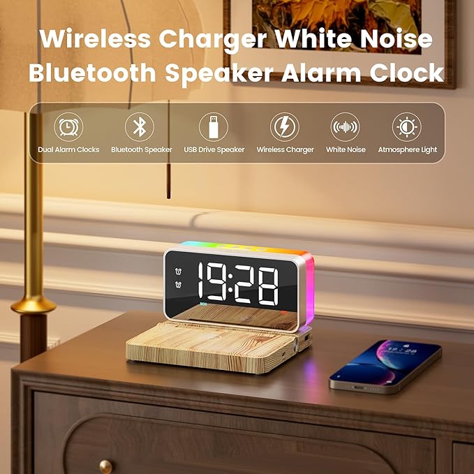 CHOUYONL Alarm Clocks for Bedrooms with Wireless Charger Station, Bluetooth Speaker, Woodgrain, White Noise Sound Machines, RGB Night Lights, Ideal Gift for Adult Man Women Teen Girls Boys