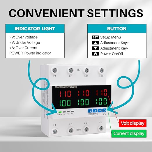 KNMIPJD Over Under Voltage Protection Device, 110V 100A Adjustable Circuit Breaker with LED Display for Real-Time Monitoring of Voltage, Current, Power, Home Commercial Electrical Safety（4P 100A）