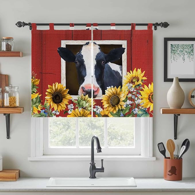 Cow Sunflowers Kitchen Curtains 45 Inch Length, Short Cafe Window Curtains Tab - Image 3