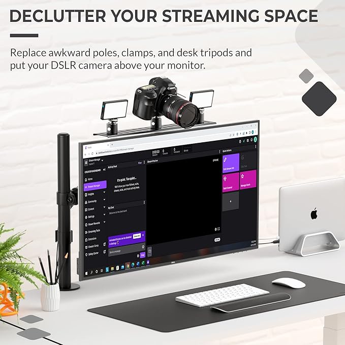 HumanCentric DSLR Monitor Mount Large, Desk Camera Mounting, Light Webcam, Microphone Shelf for Monitor VESA Arm, Replace Clamp Tripods, 100x100mm Patterns, Aluminum, Hardware Included