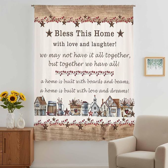 Farmhouse Sheer Curtains 84 Inch Length Country Star Barn Berry Brown Wood - Image 5