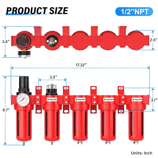 TAILONZ PNEUMATIC 0-150PSI 1/2 Inch NPT Red Industrial Grade 5 Stage Air Drying - Image 2