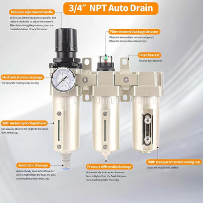 3/4" NPT Industrial Grade 3 Stage Air Compressor Drying System, 0-240 PSI - Image 4