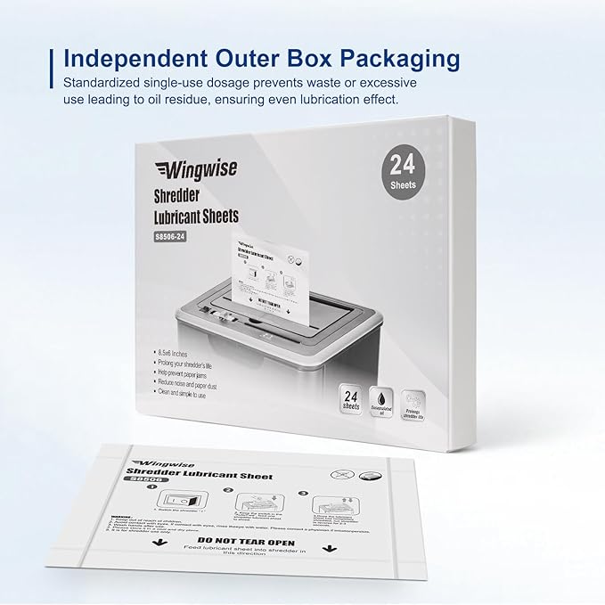 Wingwise 24-Pack Shredder Lubricant Sheets, 8.5 x 6 Inches, Sharpens Blades & Prevents Jams, Mess-Free Maintenance for Home and Office Use