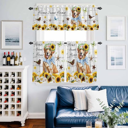 Kitchen Curtains Tiers and Valance Set of 3, Sunflowers Dog Light Filtering - Image 6