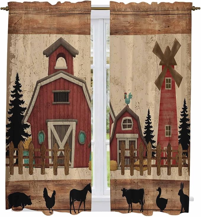 Brown Farmhouse Kitchen Curtains, Vintage Country Animals Wooden Grain Light by Unknown