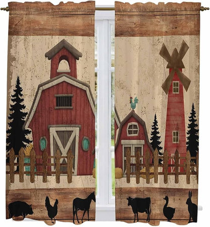 Brown Farmhouse Kitchen Curtains, Vintage Country Animals Wooden Grain Light by Unknown