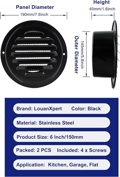 6 Inch Round Air Vent Cover, LouanXpert Stainless Steel Black Soffit Vent Cover - Image 2