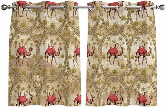2 Panel Kitchen Cafe Curtains, Desert Camels Sunlight Filtering Nature Air by Hokiten