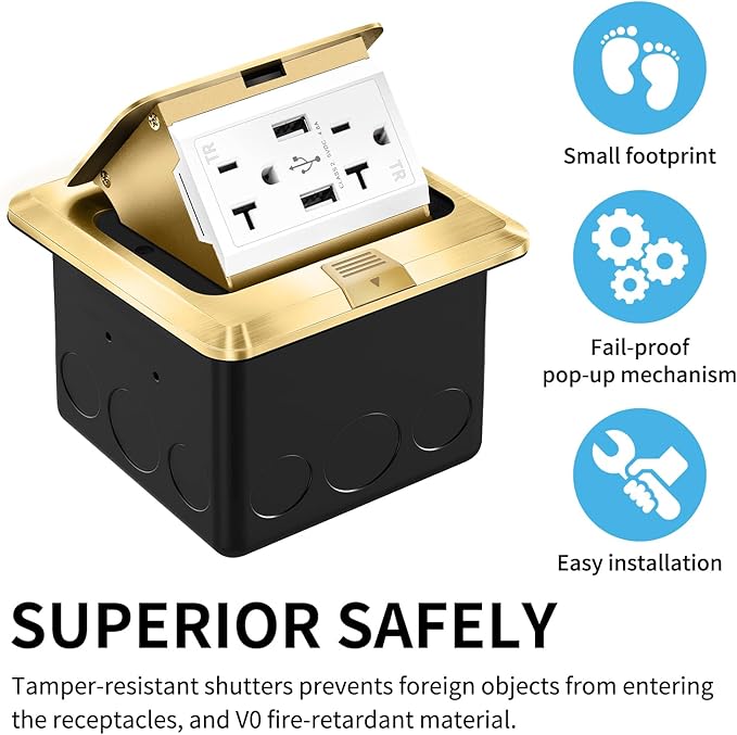 Vagueior Pop Up Floor Electrical Outlet Stainless Steel Box Kit, 5V/4.8A USB Outlet, 20A Tamper-Resistant Receptacle Outlet, Waterproof Power Socket, ETL Certified，Gold（1Pack