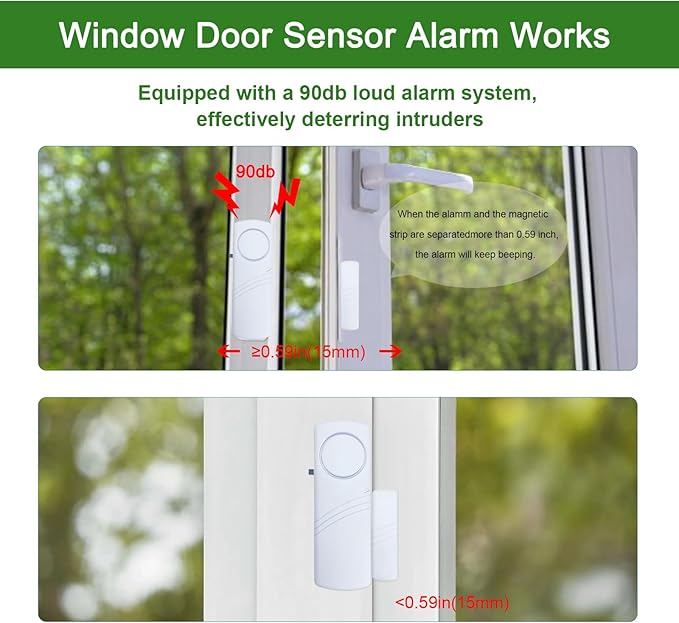 Door Window Alarm, 90dB Door Alarms Sensor for Kids Safety, Home Security, Door Window Burglar Alarm, Window Pool Alarms for Home, Apartments, Offices, Hotel Rooms (12pack)