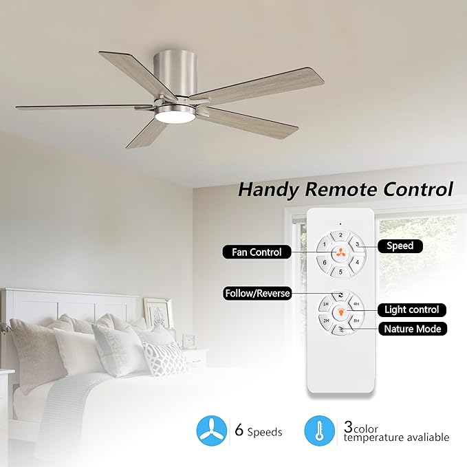 WINGBO 48" DC Flush Mount Ceiling Fan with Lights, 6-Speed Reversible DC Motor, 3CCT, Low Profile Hugger Ceiling Fan for Living Room Bedroom Kitchen, Nickel Finish and Black/Gray Blades