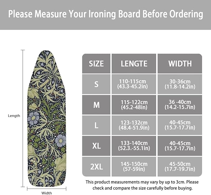 ZCFYGDX William Morris Prints Ironing Board Cover with Elastic Edge 3 Bottom Nylon Buckle Straps Breathable Resist Scorch Staining Suitable for Size-XL Iron Board House Oil Paintings Art Decor