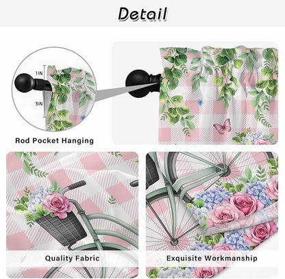 Spring Kitchen Curtains, Bicycles Leaves Butterfly Flowers Pink Buffalo Plaid - Image 9