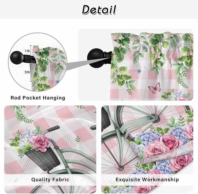 Spring Tier Curtains, Bicycles Leaves Butterfly Flowers Pink Buffalo Plaid - Image 9