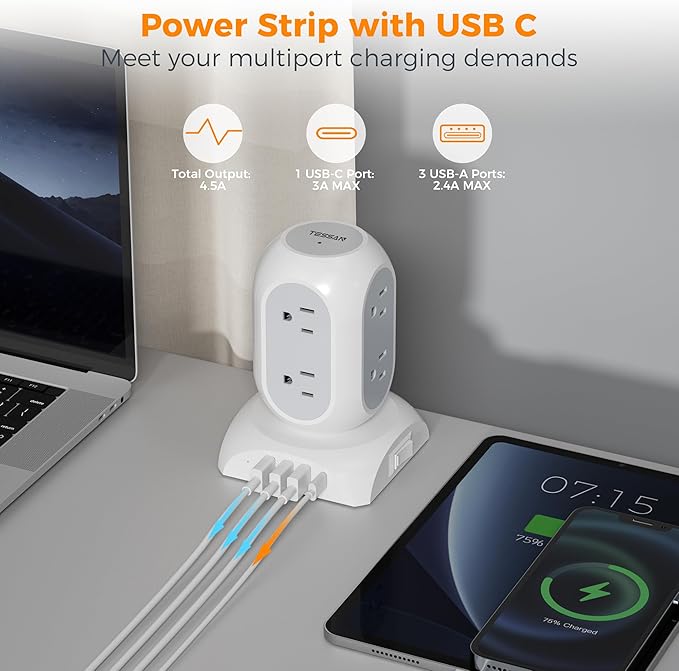 TESSAN Surge Protector Power Strip Tower, Flat Plug Extension Cord 10 Ft with 8 AC Multiple Outlets 4 USB Ports (1 USB C), 1050J Protection Desk Charging Station for Home, Office Supplies, Dorm Room