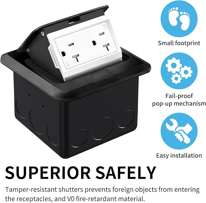 Vagueior Recessed Floor Electrical Outlet Kit,Waterproof Electrical Outlet Covcer Box,Hidden 20A Tamper-Resistant Receptacle Outlet,with Slow Elastic Damping，ETL Certified,Black(1 Pack)