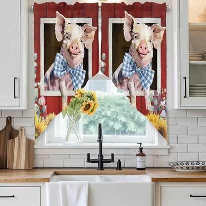 Pig Sunflowers Swag Valances for Windows, Eucalyptus Leaves Floral Bees Red - Image 2