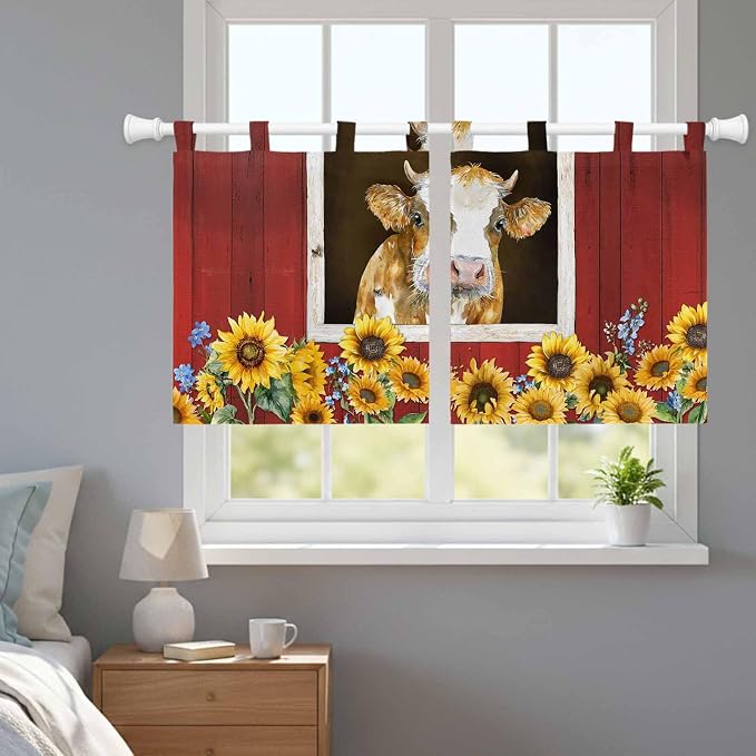 Cows Sunflowers Kitchen Curtains 36 Inch Length, Small Window Curtains Tab Top - Image 9