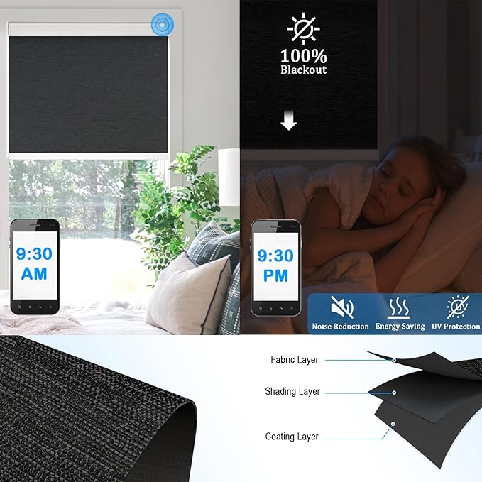 COOLWINDS Motorized Blinds with Remote Cordless Automatic Motorized Shades Custom Blinds for Windows Smart Curtains Compatible with Alexa Google Home(Blackout Jacquard Black,W39 x H72in)