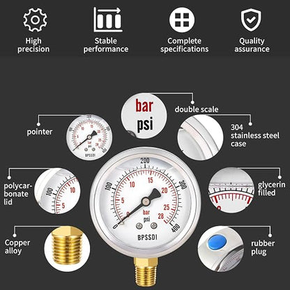 0-400 Psi Glycerin Liquid Filled Pressure Gauge, 2.5" Dial Size, 1/4" NPT Lower - Image 3